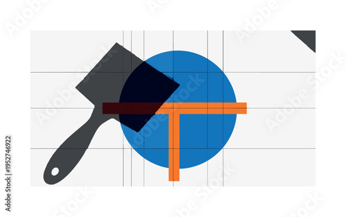 Black and white dramatic shadow of putty knife cast onto smooth surface, oversized cobalt blue semicircle intersected by bright orange rectangular