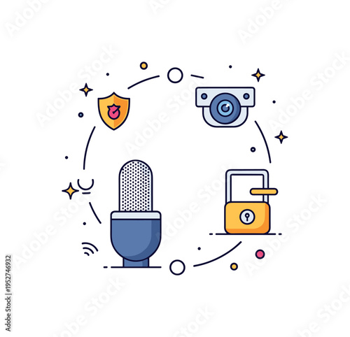 Home security integration concept featuring a voice assistant device paired with small camera and door lock icons linked in a tidy circular layout. The