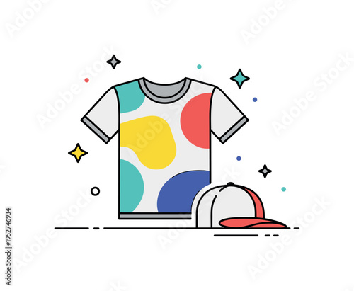 Urban street style graphic T shirt with bold abstract print beside a simple cap and tiny star accents, symbolizing creative self expression and city inspired
