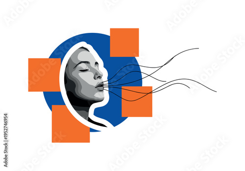 black and white portrait of person exhaling deeply with eyes gently closed, subtle relaxed expression, cut-out effect with soft white outline, layered with