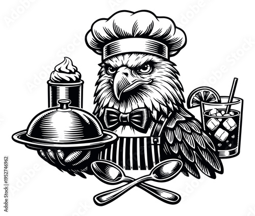 Retro hand drawn line art culinary mascot set featuring an eagle chef, cloche, dessert, cocktail, and spoons for food and beverage branding