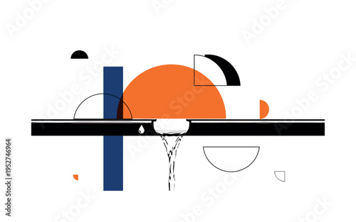 Black and white gutter detail with water flowing through, bright orange semicircle positioned behind like controlled rainfall, thin navy vertical block