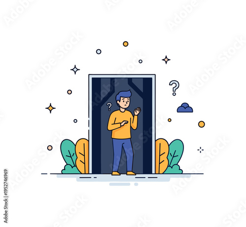 Fear of the unknown illustrated by a person standing at a dark forest entrance, hesitant and cautious, highlighting suspense, apprehension, and curiosity.