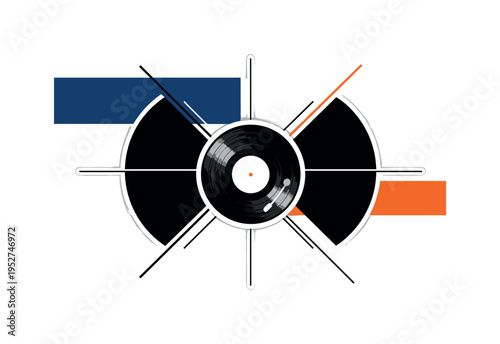 A black and white realistic vinyl record spinning, bold geometric semicircles radiating outward like sound waves, thin linear accents intersecting