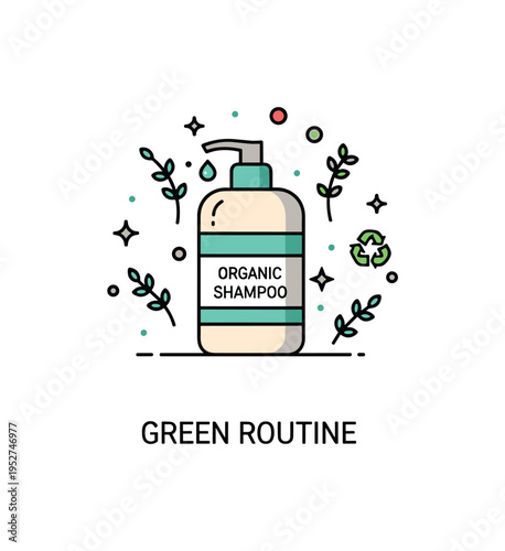 Plant based beauty products organic shampoo concept illustrated by a simple bottle icon surrounded by tiny botanical sprigs, symbolizing natural cleansing and