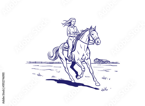 Horse riding vintage artwork for tshirt. Equestrian ranch life graphic print. Horse rider apparel design. Wild and free. Country girl adventure.