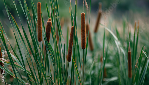 AI generator images of Cattail , Typha plants, They are commonly found in wetlands or stagnant water sources and help treat wastewater: they are very effective at removing nitrogen and phosphorus 