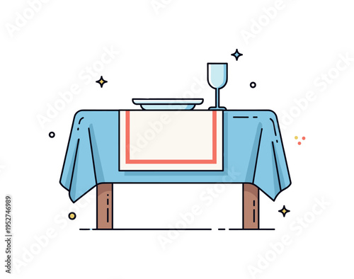 Tablecloth elegant dining setup featuring a neatly draped rectangular tablecloth with subtle fold lines and a simple plate and glass on top, expressing