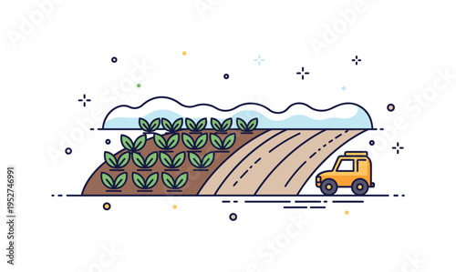 Winter cover crops protecting farmland shown as a simple field with short leafy plants beneath a soft snow layer, expressing resilience and seasonal soil care.