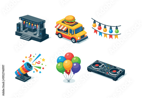Street Festival. Isometric flat vector icons set of Street Festival: festival stage with lights, food truck van, string lights garland, confetti cannon,