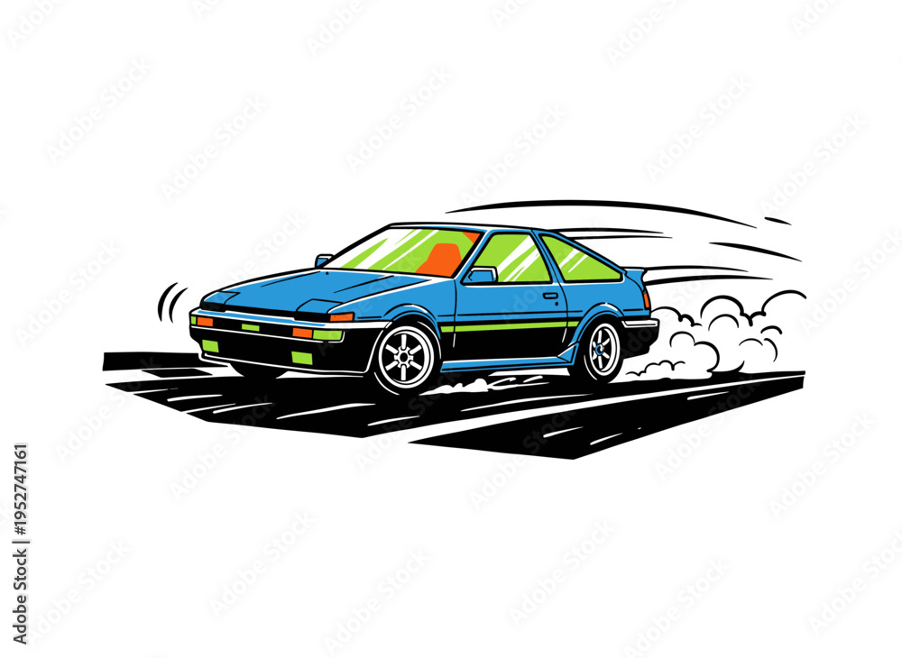 Naklejka premium Sport car print design for t shirt. JDM drift culture artwork. Speed racing poster design. Extreme road racing. Fast wheels challenge.