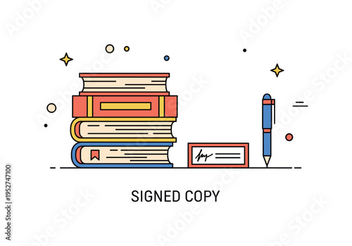 Book signing literary festival setting featuring a neatly stacked pile of books beside a simple nameplate and signing pen, expressing anticipation and cultural