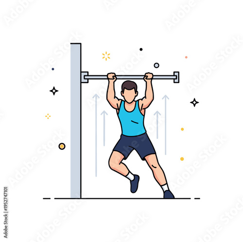 Calisthenics training moment athlete mid pull on a simple wall mounted bar with subtle upward motion lines, symbolizing endurance and controlled movement. A