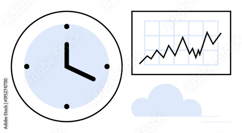 Productivity, progress analysis, business planning, time tracking, performance review, efficiency. Clock with minimalistic ascending graph and subtle cloud shape. Time tracking and productivity