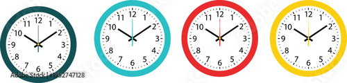 Four Colorful Analog Wall Clocks in Teal Blue Red and Yellow Showing Different Times Isolated on a Plain White Background