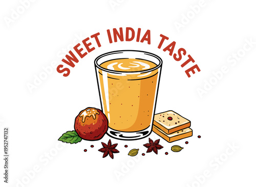 Sweet India Taste vintage artwork for t shirt. Masala tea and dessert illustration for apparel. Traditional Indian food. Sticker and poster. Vintage.