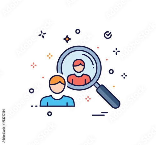 Market research and audience insights badge centered on a magnifying glass overlapping a user silhouette with tiny data dots around it. The composition