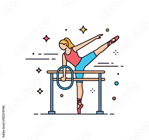 Adaptive ballet practice featuring a dancer using supportive bars alongside subtle motion lines and small star accents, representing strength, determination,
