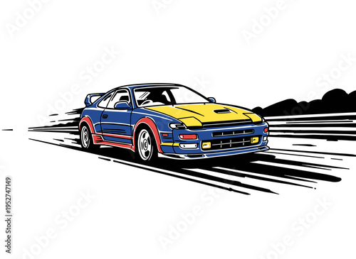 Sport car print design for t shirt. Speed racing poster design. Extreme racing graphic. Fast wheels challenge. Blue rally car artwork.