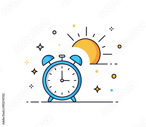 Morning routine with a simple alarm clock and rising sun forming a compact visual metaphor of a fresh start and positive daily rhythm. Soft light rays and tiny