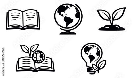 Line art education and ecology icon set featuring open books, globes, seedlings, and a lightbulb for sustainable learning and global awareness