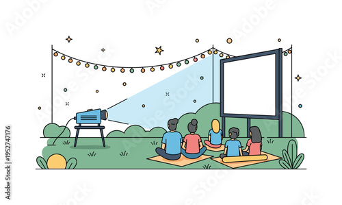 Projector casting a film onto a large screen in an open field, friends seated on mats with string lights overhead, highlighting magical outdoor ambiance and