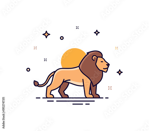 Lion silhouette in savannah simplified lion standing on a small ground line with a subtle sun circle behind it. A concise visual metaphor for courage and