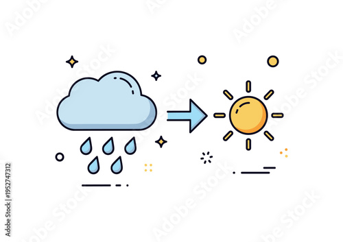 Mood transformation concept cloud with raindrops shifting into a bright sun icon, illustrating transition from sadness to optimism. A compact visual metaphor