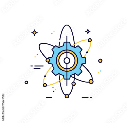 Quantum mechanics inspired gear stylized cog intersected by thin orbiting lines and minimal energy sparks, suggesting advanced theoretical systems. A bold