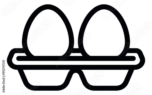 Line art illustration of two eggs in an egg carton depicting fresh food for breakfast or cooking concepts