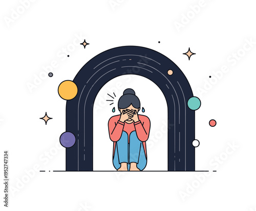 Crying in silence scene featuring a person covering their face while sitting beneath a dark abstract arch symbolizing emotional pressure. Clean negative space