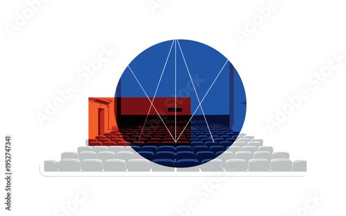 Black and white classic theater interior with rows of seats fading into abstraction, vivid cobalt blue circle behind stage area, bright orange rectangular