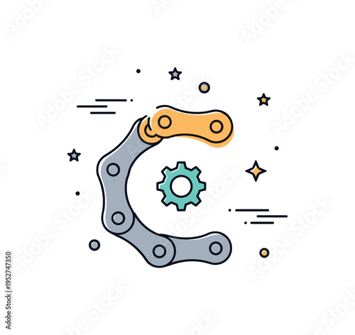 Bicycle chain repair service badge featuring a short chain section forming a subtle circular emblem with a small gear icon in the center. A modern editorial