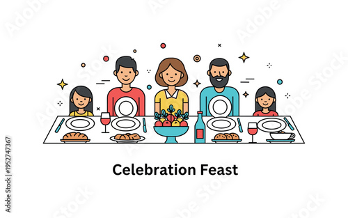 Festive family meal illustrated through a table adorned with dishes, a centerpiece, and smiling figures. A compact ?Celebration Feast? label reinforces joy,