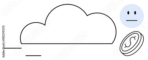 Cloud storage, financial technology, emotional analysis, digital economy, cloud services, data systems. Outline of a cloud with a coin icon and neutral face symbol. Cloud storage and financial