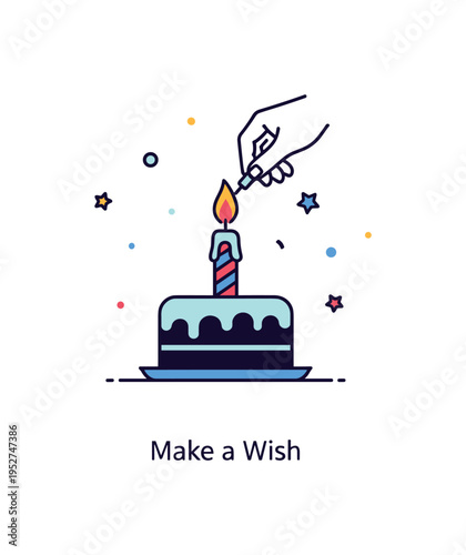 Birthday candle being lit on top of a small cake silhouette, capturing anticipation and celebration in a simple joyful scene. The compact composition includes