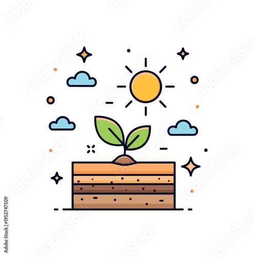 Soil fertility sustainable agriculture idea represented by a plant sprouting from layered soil beneath a bright sun icon, symbolizing productive land and