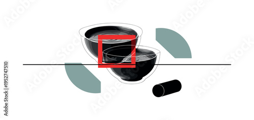 Black and white minimalist smoothie bowl duplicated slightly offset to create layered depth, bright red square intersecting midsection, abstract semicircles