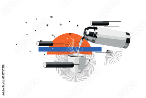 Black and white thermos pouring hot tea into a mug while snowflakes fall as minimal abstract dots, bright orange semicircle behind the pouring stream and blue