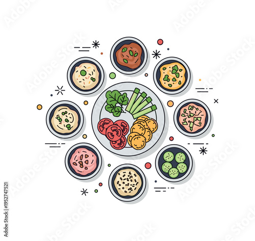 Vegetarian mezze platter illustrated with small bowls of dips and sliced vegetables surrounding a central plate, expressing variety, health, and communal