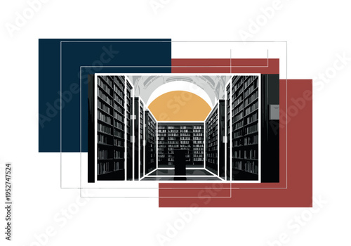 Black and white grand library interior with tall bookshelves rising vertically, oversized circular halo behind central aisle symbolizing knowledge, bold deep