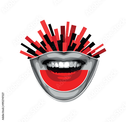Monochrome close-up of a wide laughing smile, intersected by a large red semicircle and abstract rectangular blocks symbolizing bursts of energy, thin white