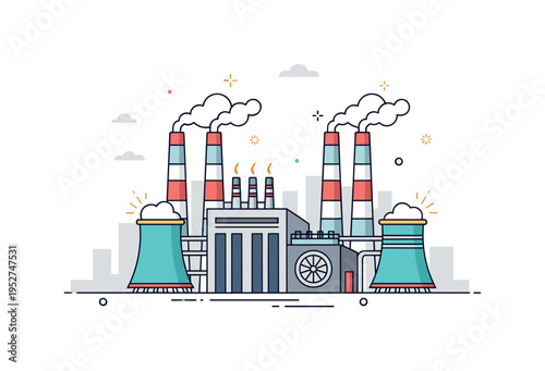 Industrial energy facility skyline featuring multiple smoke stacks and a central turbine hall expressing scale and productivity in modern power systems. Subtle