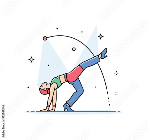 Latin dance sport performance illustrated by a dramatic dip pose framed by a curved motion line and subtle spotlight accents, conveying passion and competitive