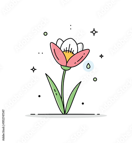 Morning dew in meadow single flower with tiny dew drop detail and soft glow accent, representing purity, calmness, and early summer atmosphere. Minimalist flat