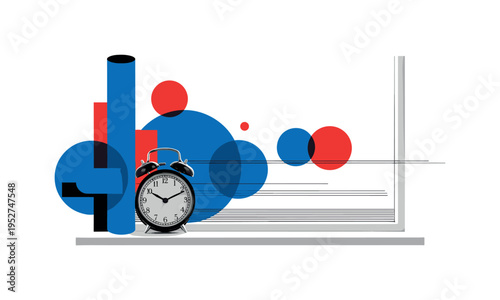 Black and white vintage alarm clock placed on a narrow window sill, overlapping blue and red circles behind indicating passing time, thin horizontal lines