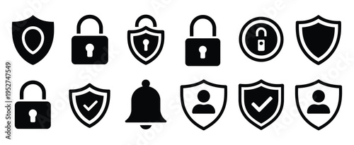 Security alarm and padlock line icon set, emergency alert symbols, vector illustration featuring alarms, locks, and warning indicators, perfect for cybersecurity, safety apps, and access control 