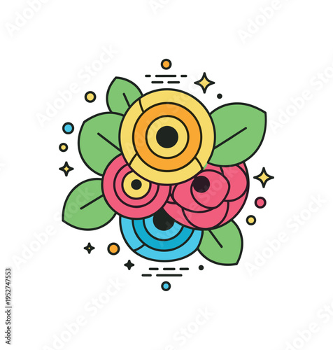 Perennial garden bloom cluster featuring layered petals and rounded leaves arranged in a circular badge format, expressing sustainability and returning growth