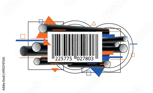 Black and white barcode enlarged dramatically as central visual element, abstract cylindrical forms and concentric rings framing it, vivid orange and cobalt