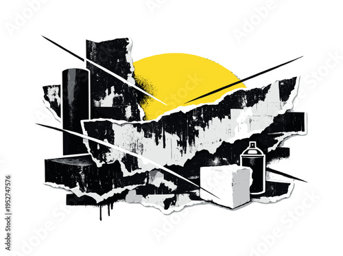 Vintage black and white urban wall with distressed poster strips peeling away, bold yellow semicircle sprayed across the center, thin diagonal graffiti strokes